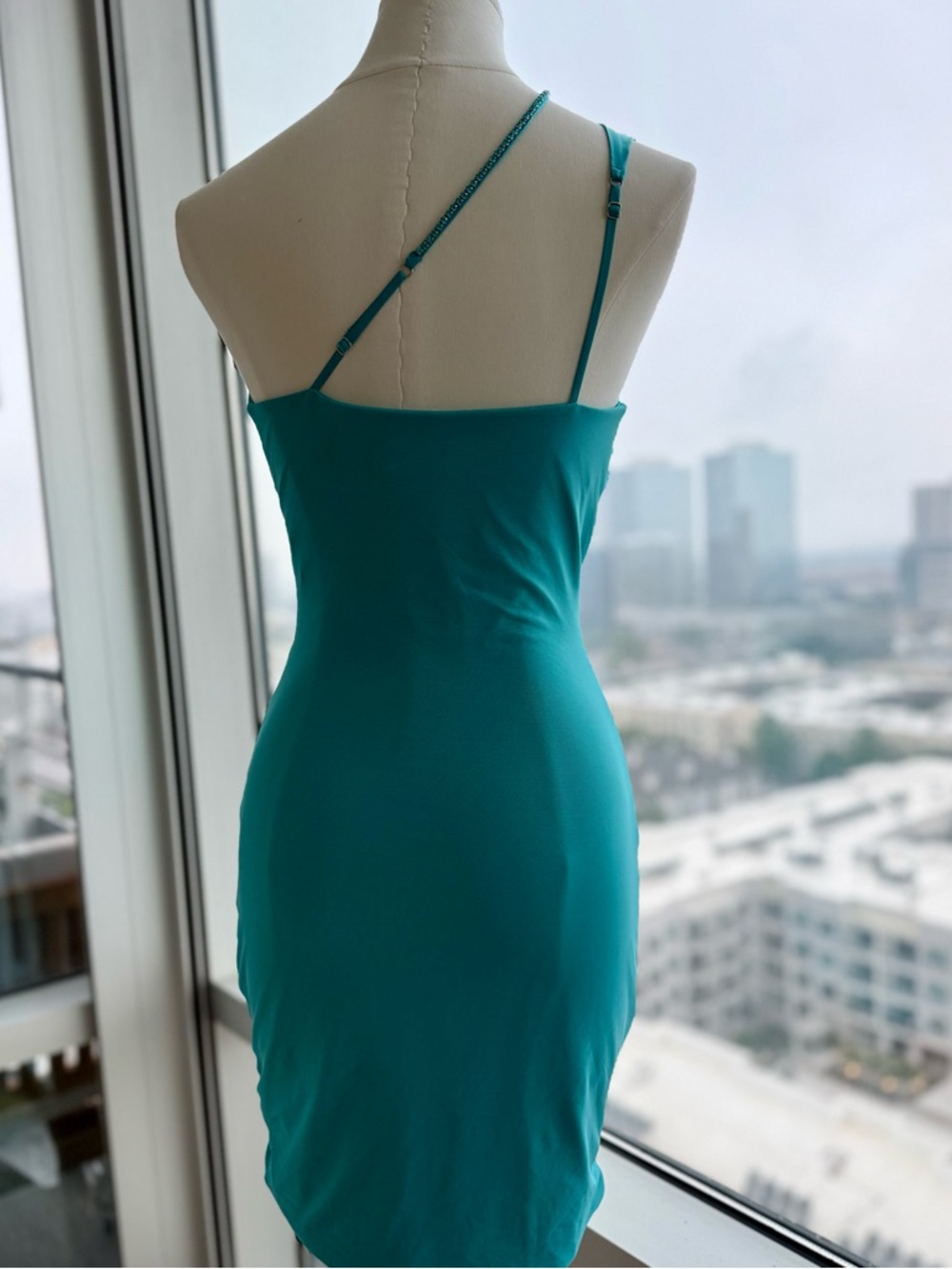 Oh Polly Teal One-Shoulder Cutout Ruched Mini Dress - Picture 2 of 4